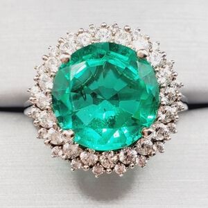 Emerald Green Quartz & White Zircon Halo Ring Platinum - 925 Sterling Silver